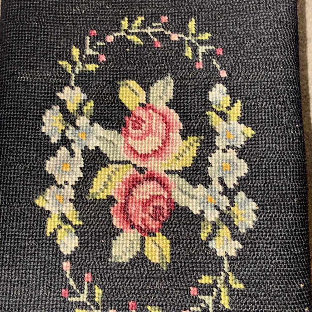 Vtg Victorian Style Needlepoint Maroon Roses Floral Footstool Stool Wood Legs